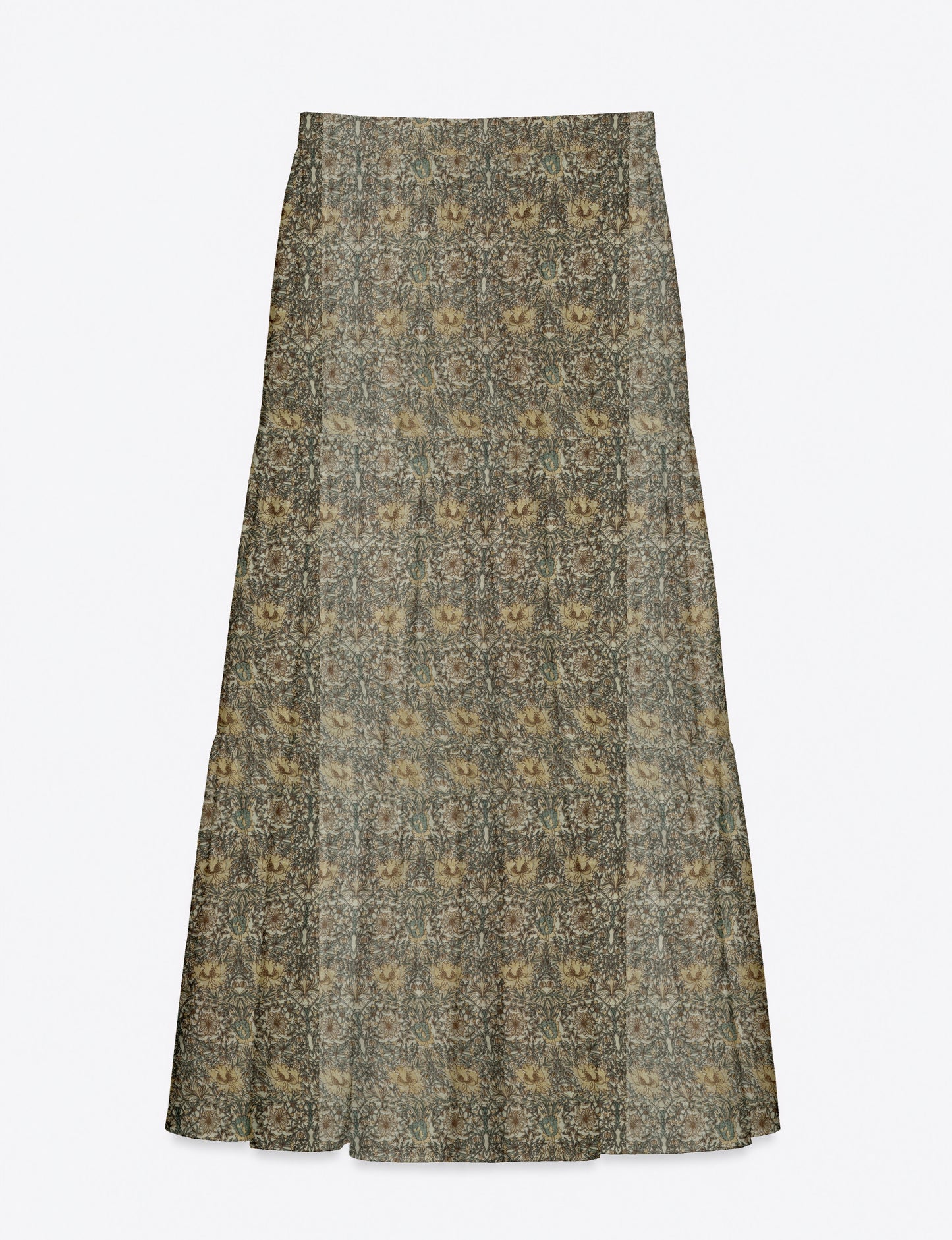 Midi tiered skirt with fitted waistband, soft knife pleats, flared silhouette, side seam pockets, and ankle-length hem