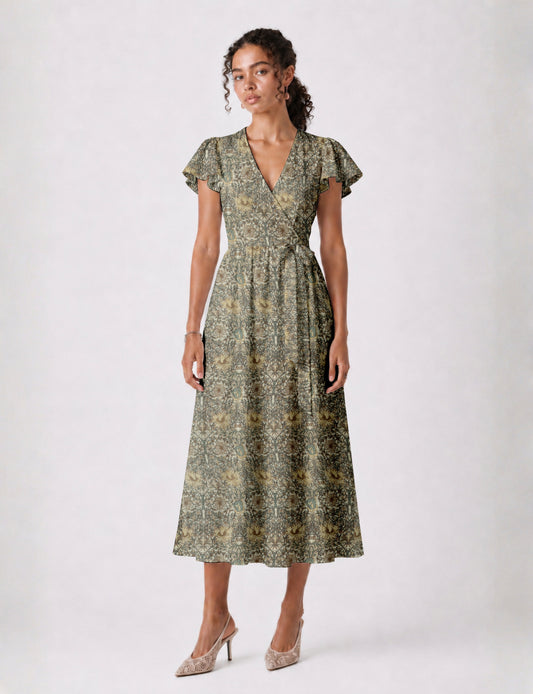 Midi wrap dress with V-neckline, fitted bodice, tie waist, and flared mid-calf skirt