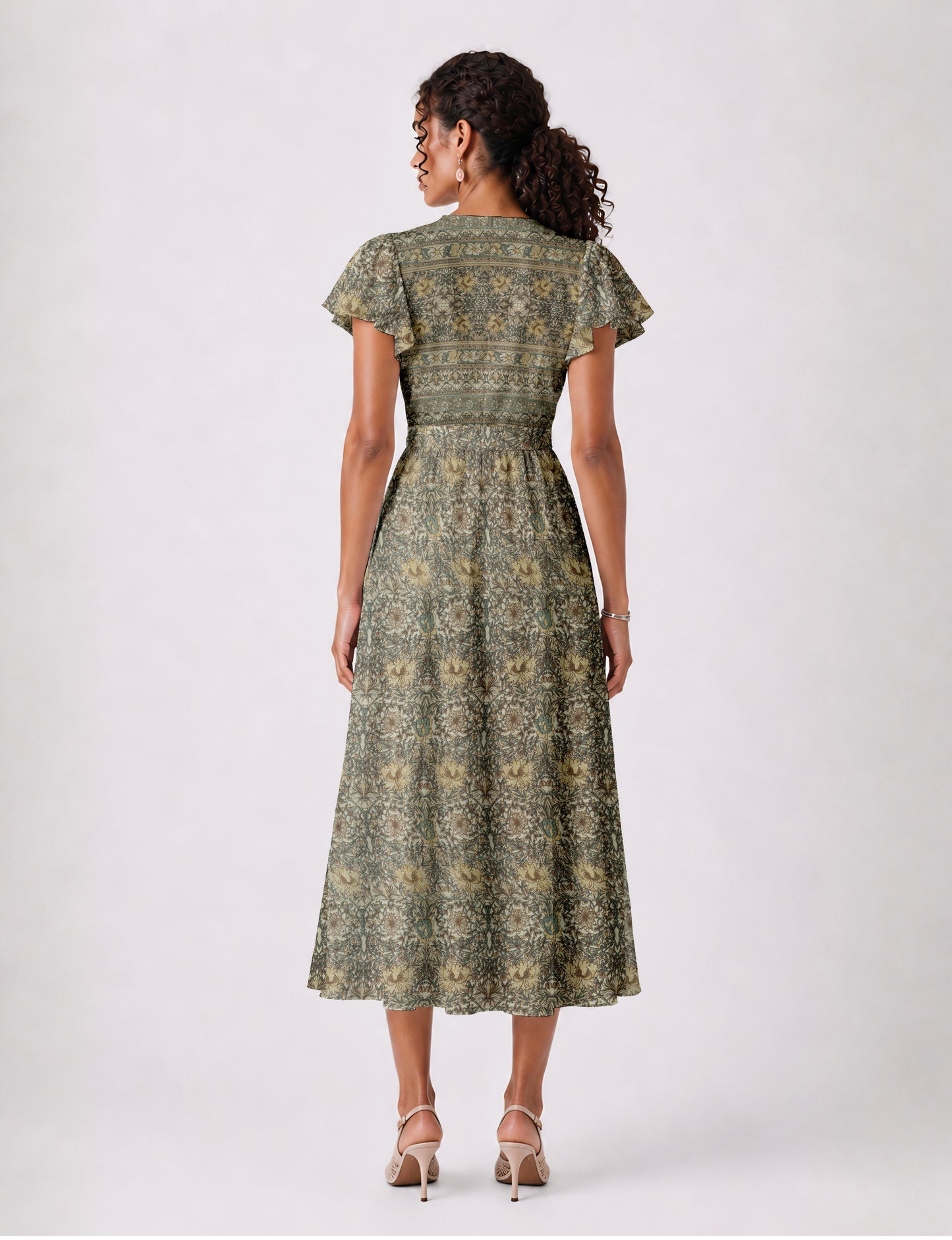 Midi wrap dress with V-neckline, fitted bodice, tie waist, and flared mid-calf skirt