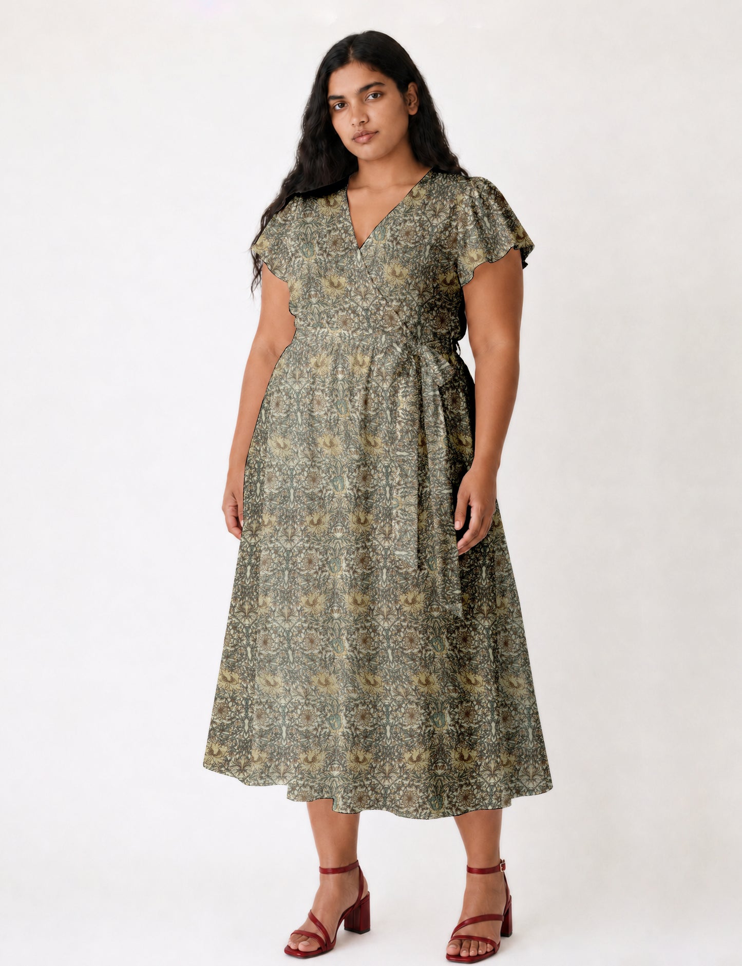 Midi wrap dress with V-neckline, fitted bodice, tie waist, and flared mid-calf skirt