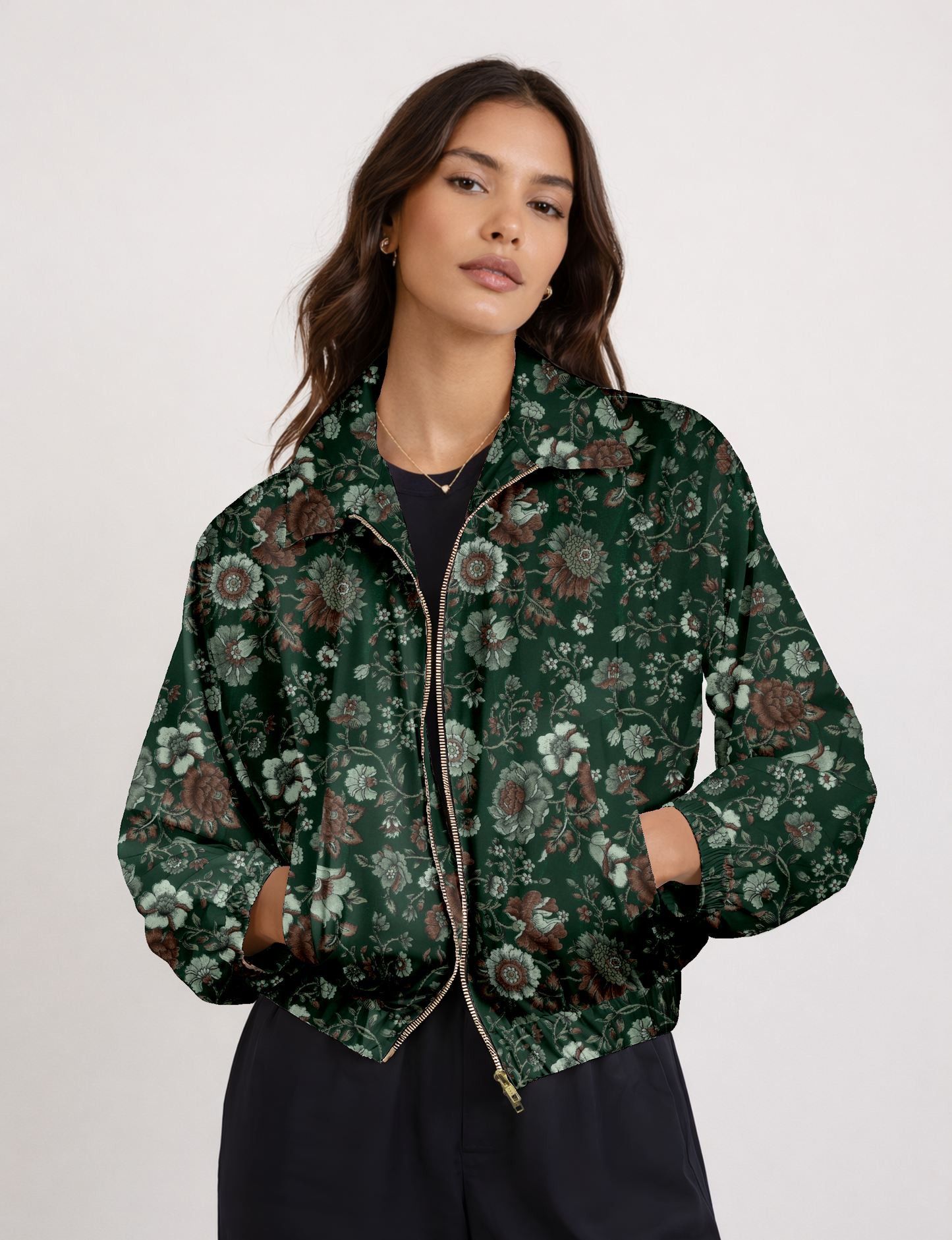 Upcycled Bomber Jacket made from recycled sari materials, featuring a cute cropped shape, elasticated hem and cuffs, and contrast sari print lining. Sustainable apparel promoting eco-friendly fashion and ethical clothing.