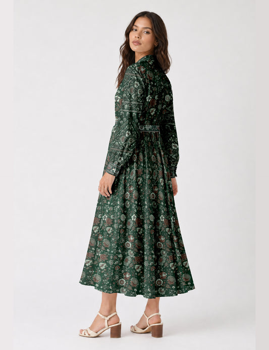 Long shirt dress side view highlighting flared silhouette