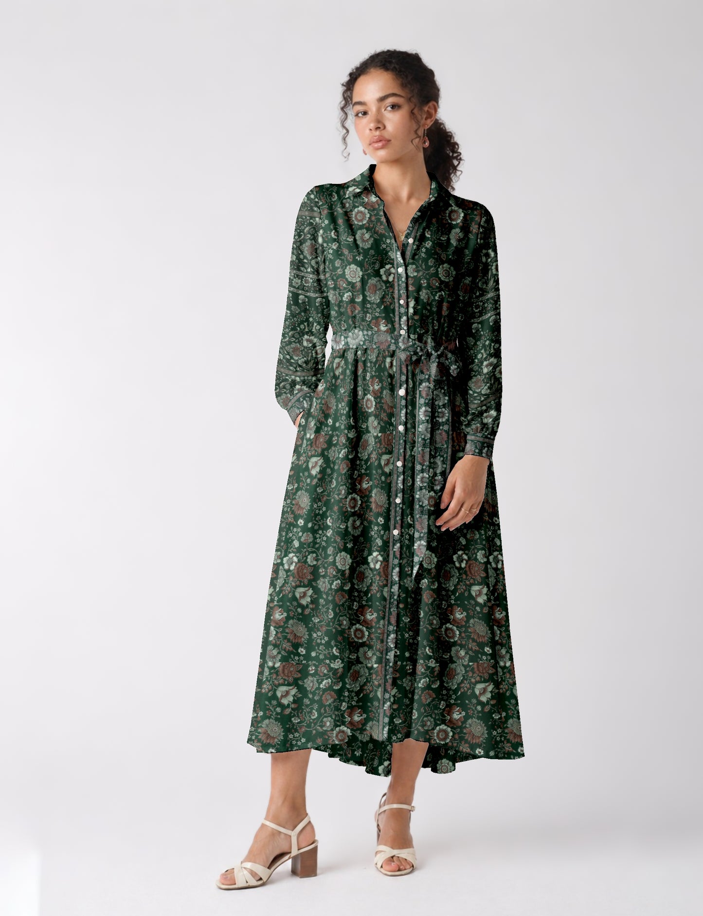 Flowing long shirt dress with relaxed fit and ankle-length design