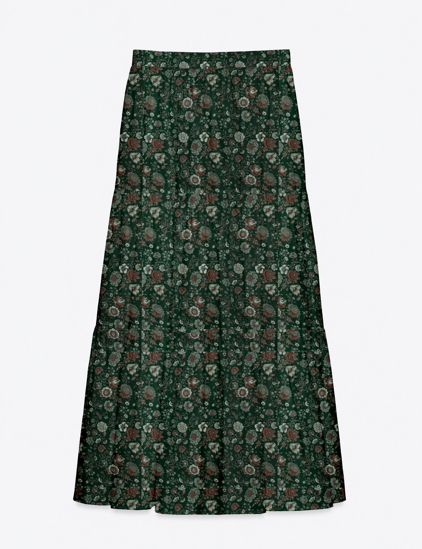 Midi tiered skirt with fitted waistband, soft knife pleats, flared silhouette, side seam pockets, and ankle-length hem