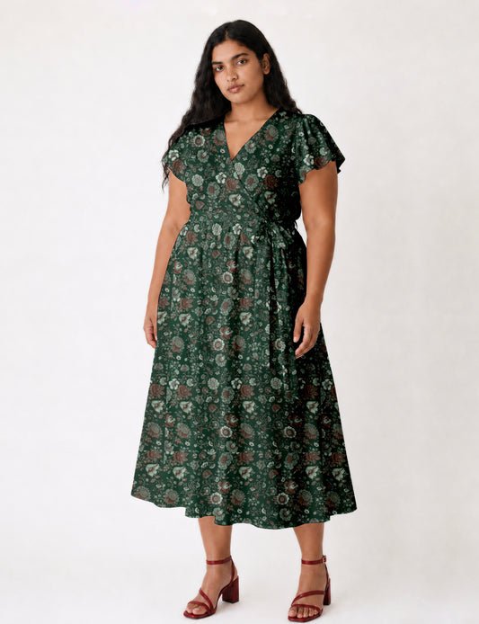 Midi wrap dress with V-neckline, fitted bodice, tie waist, and flared mid-calf skirt
