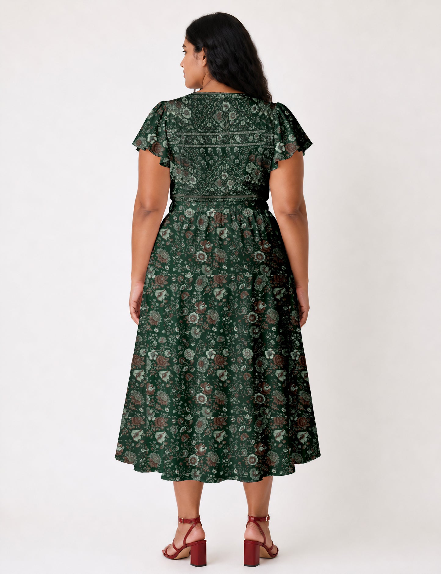 Midi wrap dress with V-neckline, fitted bodice, tie waist, and flared mid-calf skirt