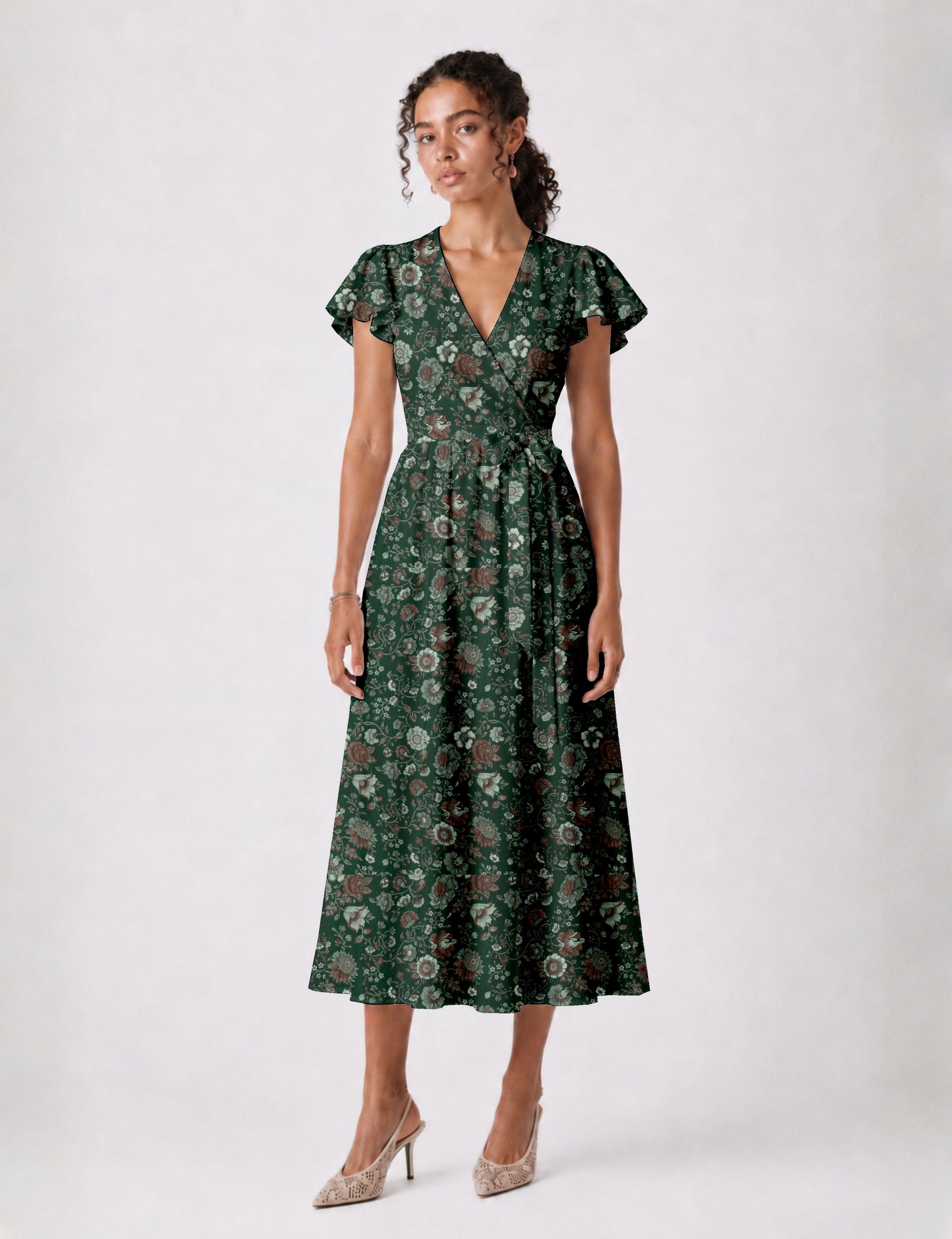 Midi wrap dress with V-neckline, fitted bodice, tie waist, and flared mid-calf skirt