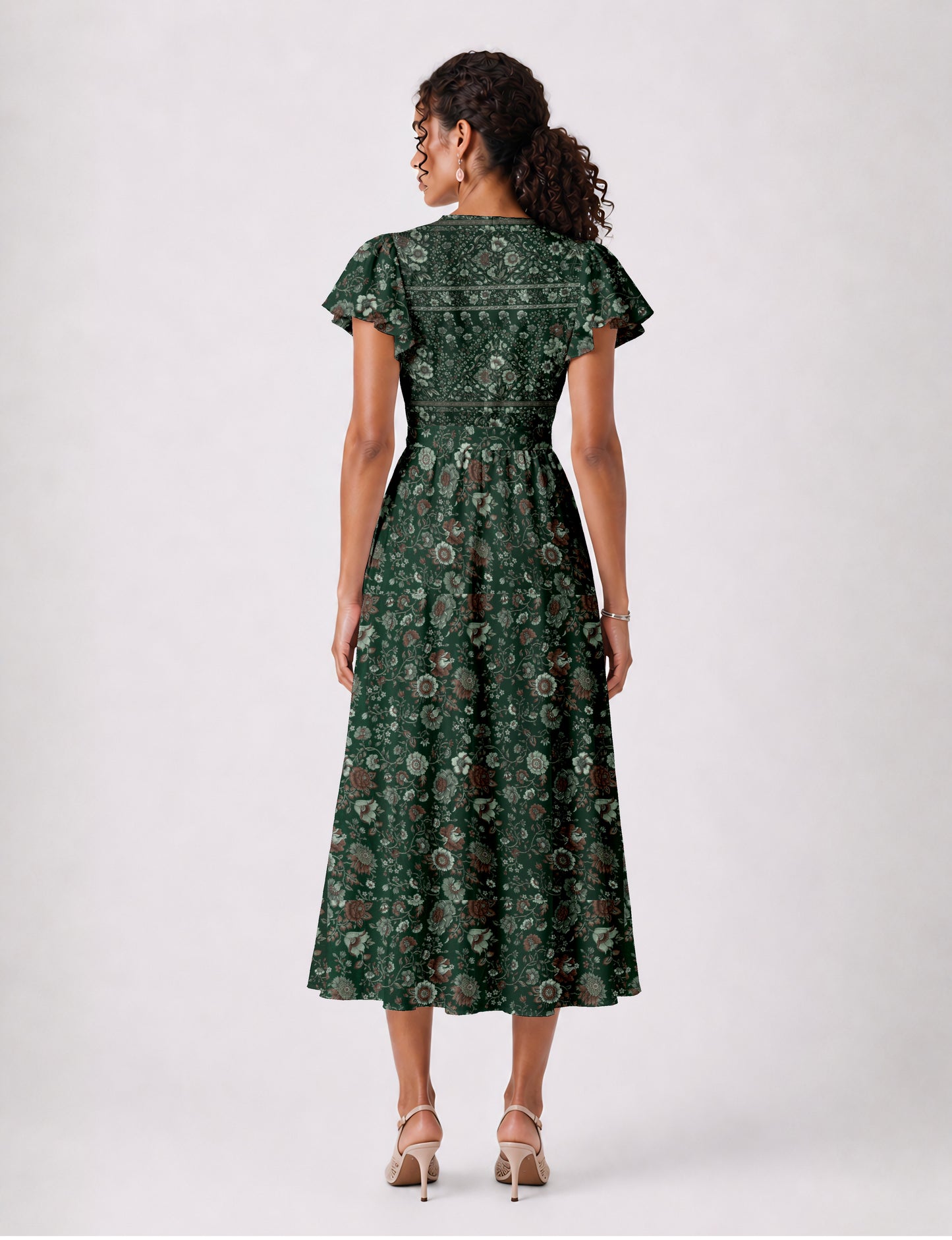 Midi wrap dress with V-neckline, fitted bodice, tie waist, and flared mid-calf skirt