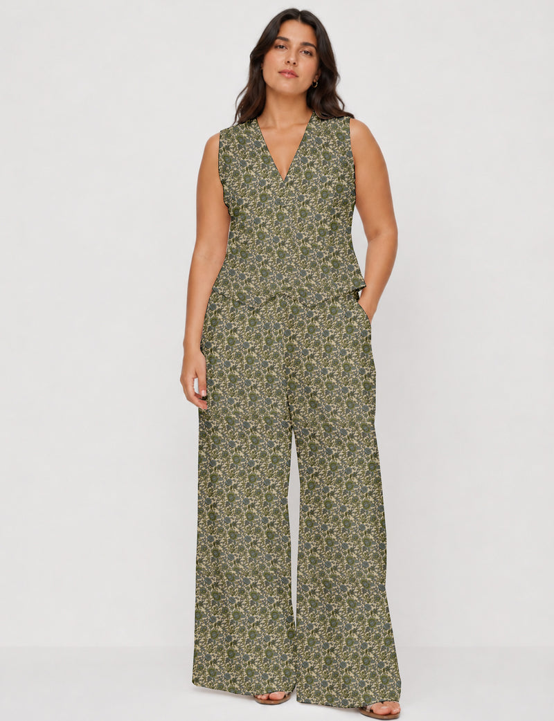 Women's tailored waistcoat set with a sleeveless V-neck button-front waistcoat and high-rise wide leg trousers in a coordinated matching outfit.
