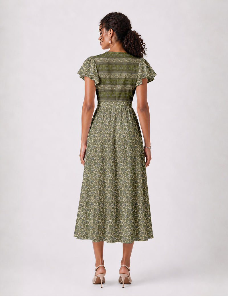 Elegant midi wrap dress with a V-neckline, adjustable waist tie, fitted bodice, and flared skirt for a timeless, flattering silhouette.