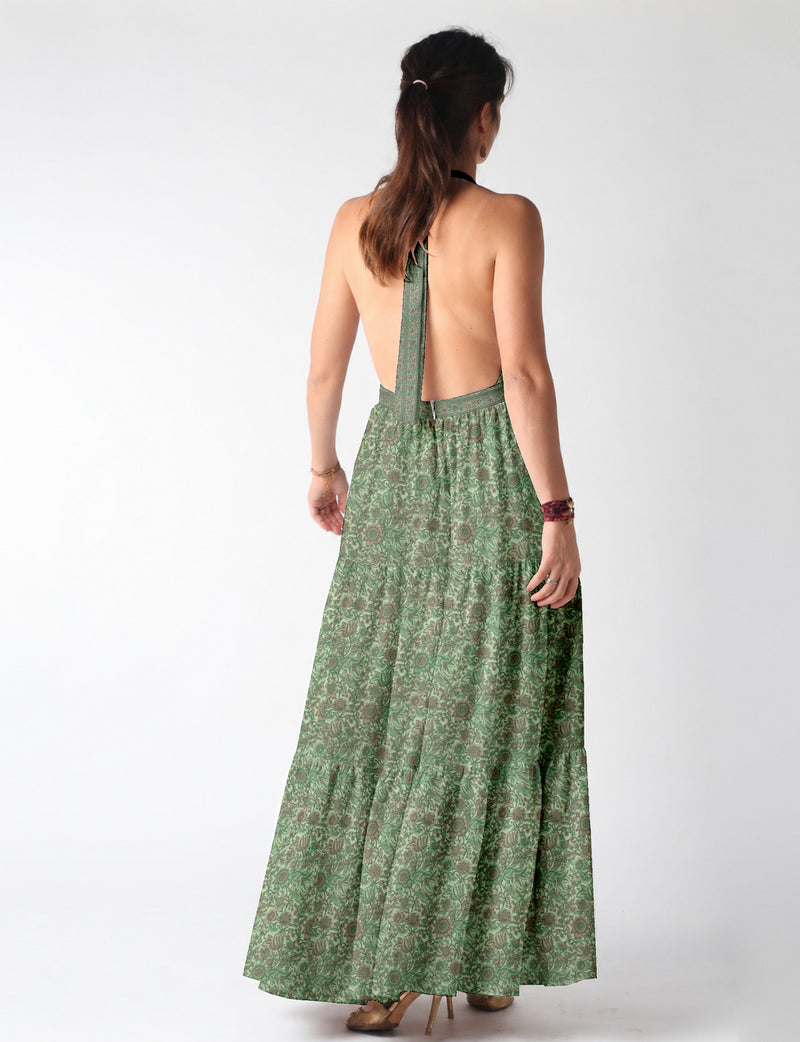 Maxi tiered dress by I was a Sari with halter neckline and flowy silhouette
