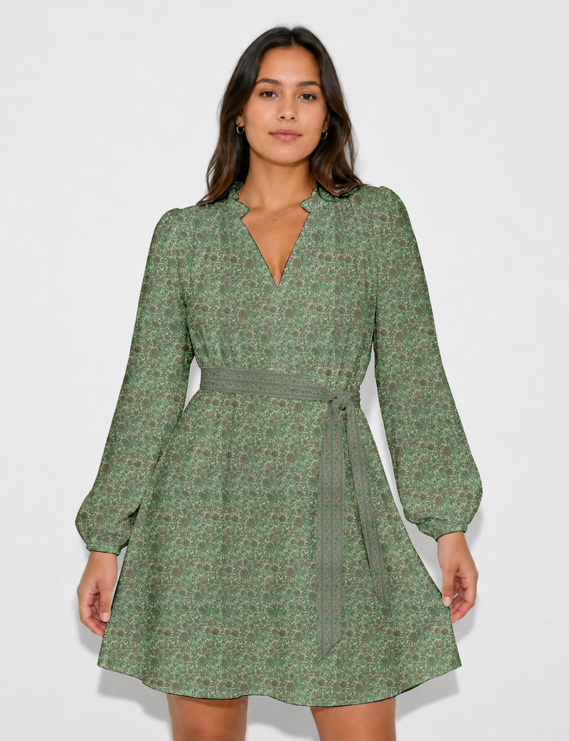Swing dress with belt - Green Floral