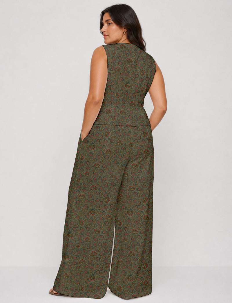 Women's tailored waistcoat set with a sleeveless V-neck button-front waistcoat and high-rise wide leg trousers in a coordinated matching outfit.