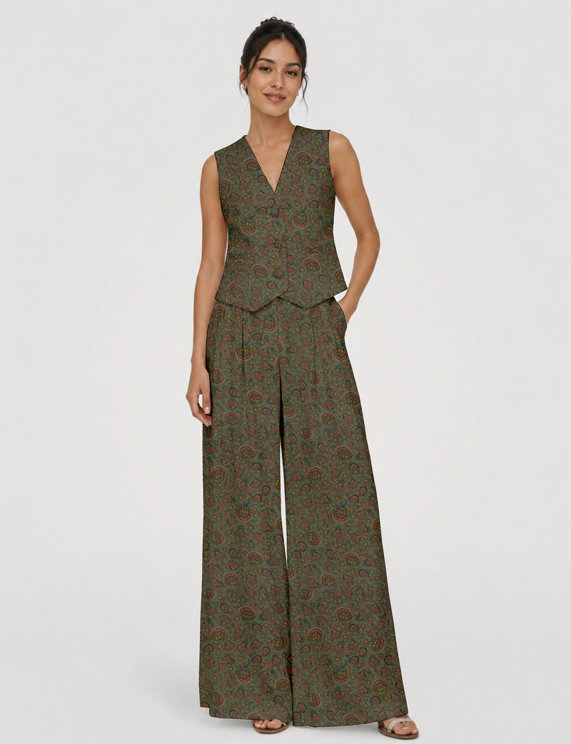 Women's tailored waistcoat set with a sleeveless V-neck button-front waistcoat and high-rise wide leg trousers in a coordinated matching outfit.