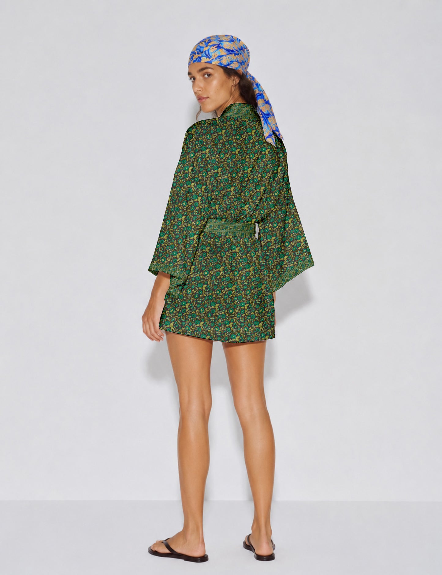 Short kimono robe - Green Floral