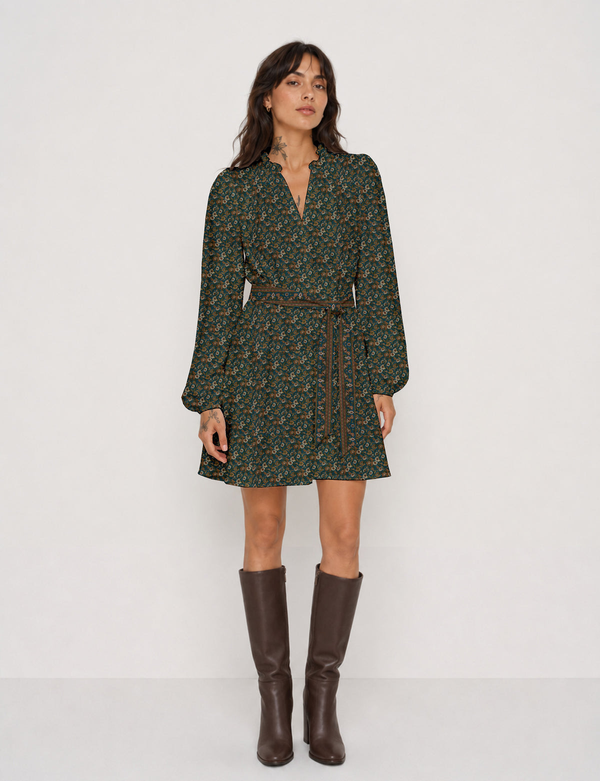 Robe évasée avec ceinture - Yellow Floral - Green Floral