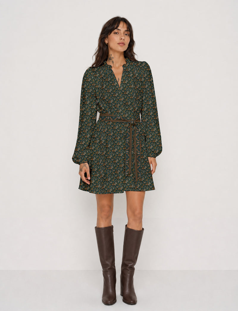 Swing dress with belt - Yellow Floral - Green Floral