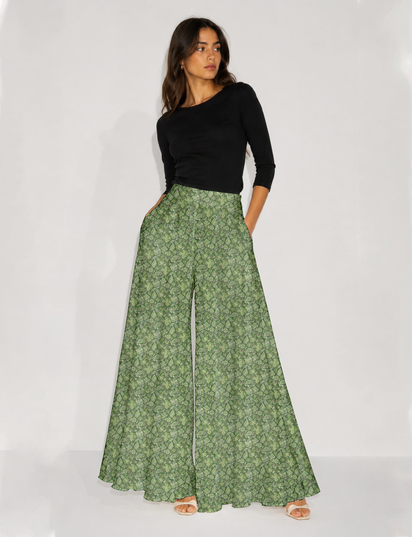 Wide Leg Palazzo Trousers - Green Floral