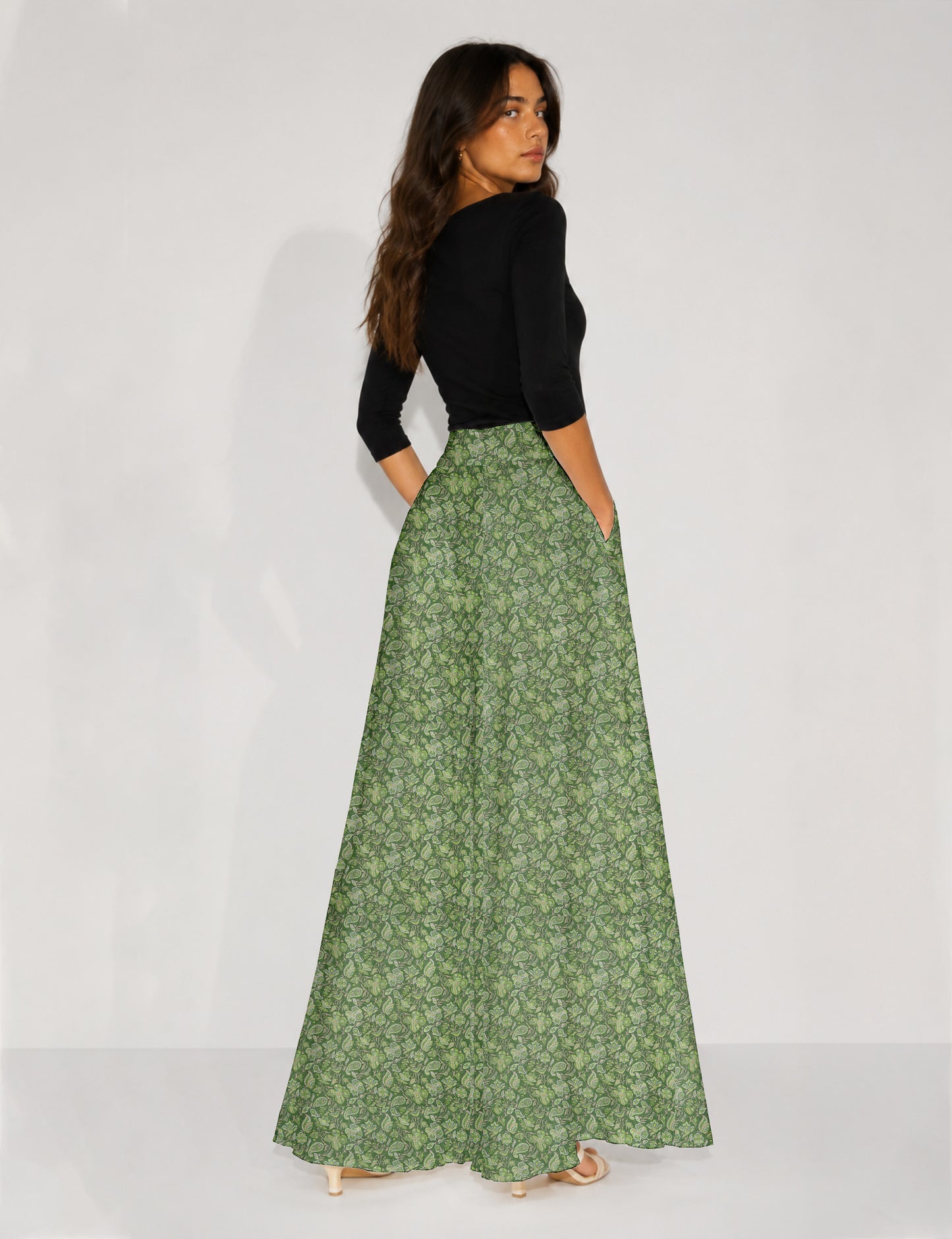 Wide Leg Palazzo Trousers - Green Floral