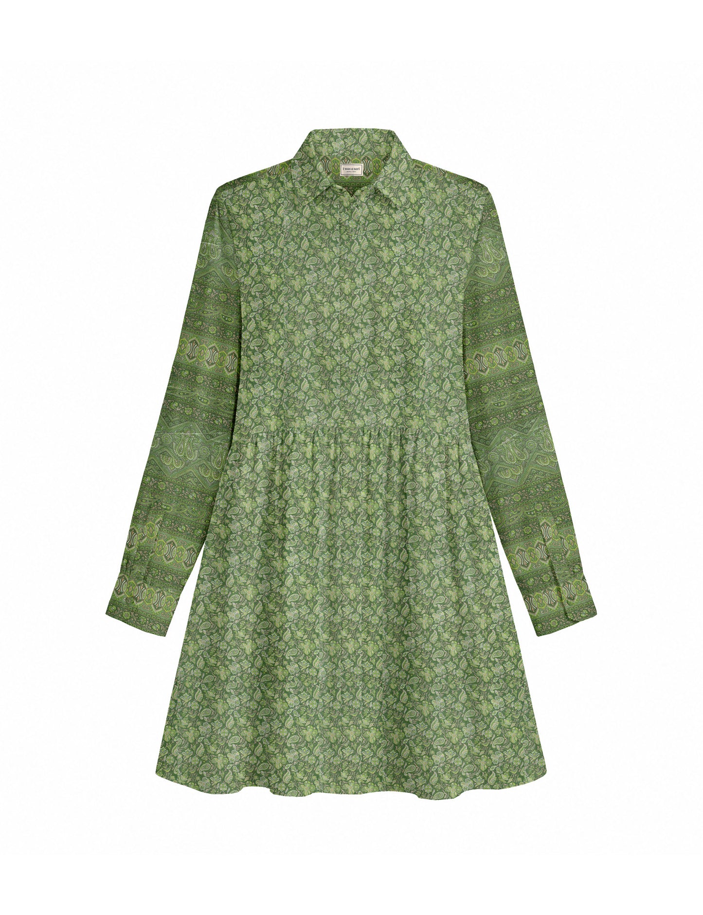 Short shirt dress with a relaxed A-line silhouette, point collar, partial button placket, gathered waist, side pockets, and full-length cuffed sleeves.