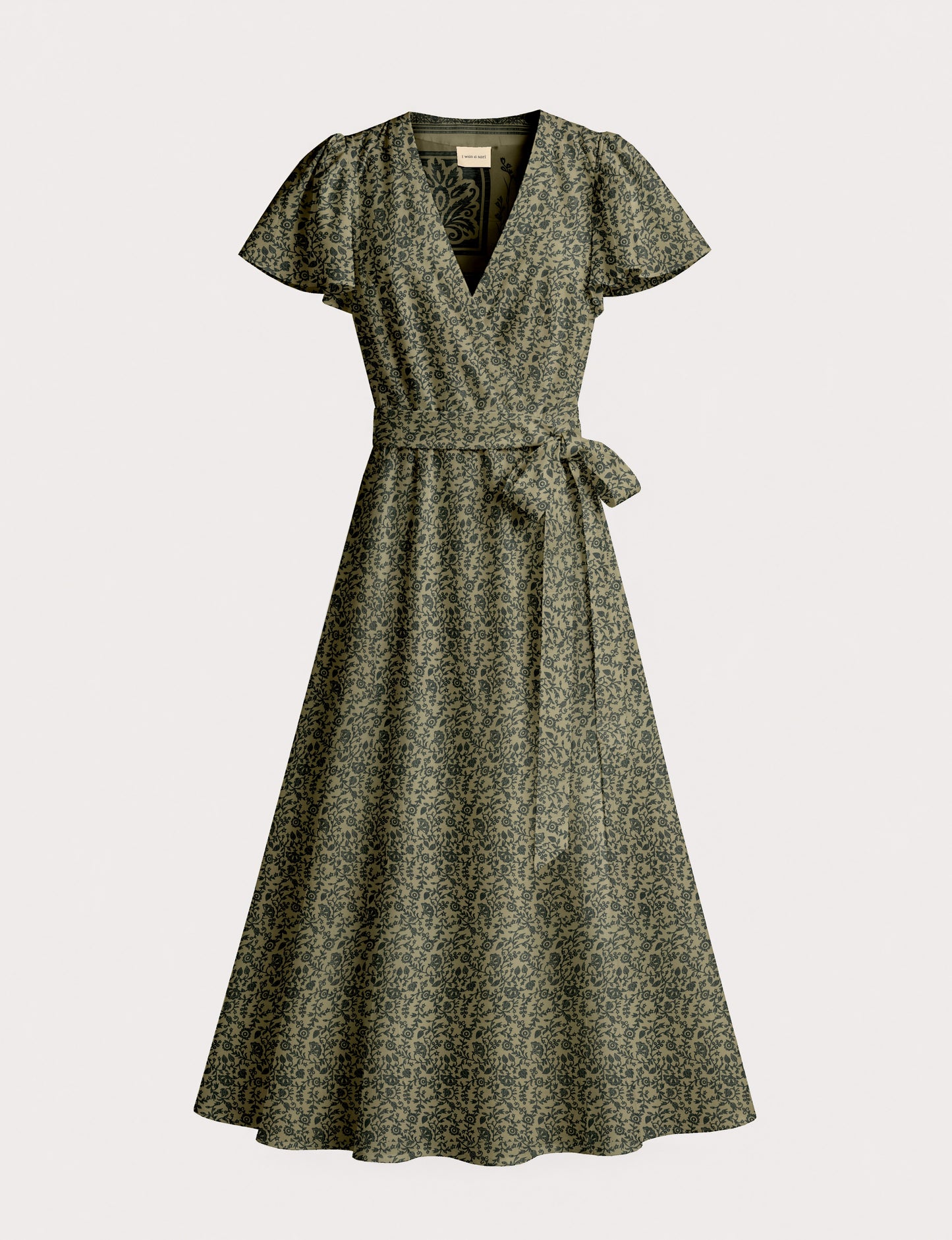 Midi wrap dress with V-neckline, fitted bodice, tie waist, and flared mid-calf skirt
