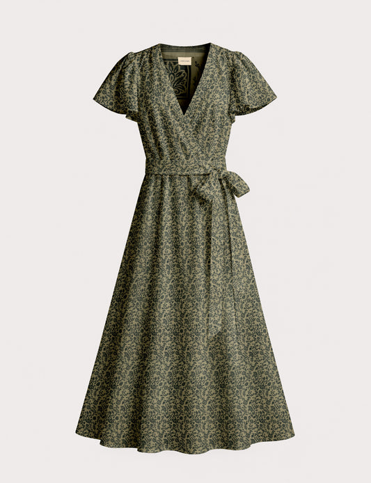 Midi wrap dress with V-neckline, fitted bodice, tie waist, and flared mid-calf skirt