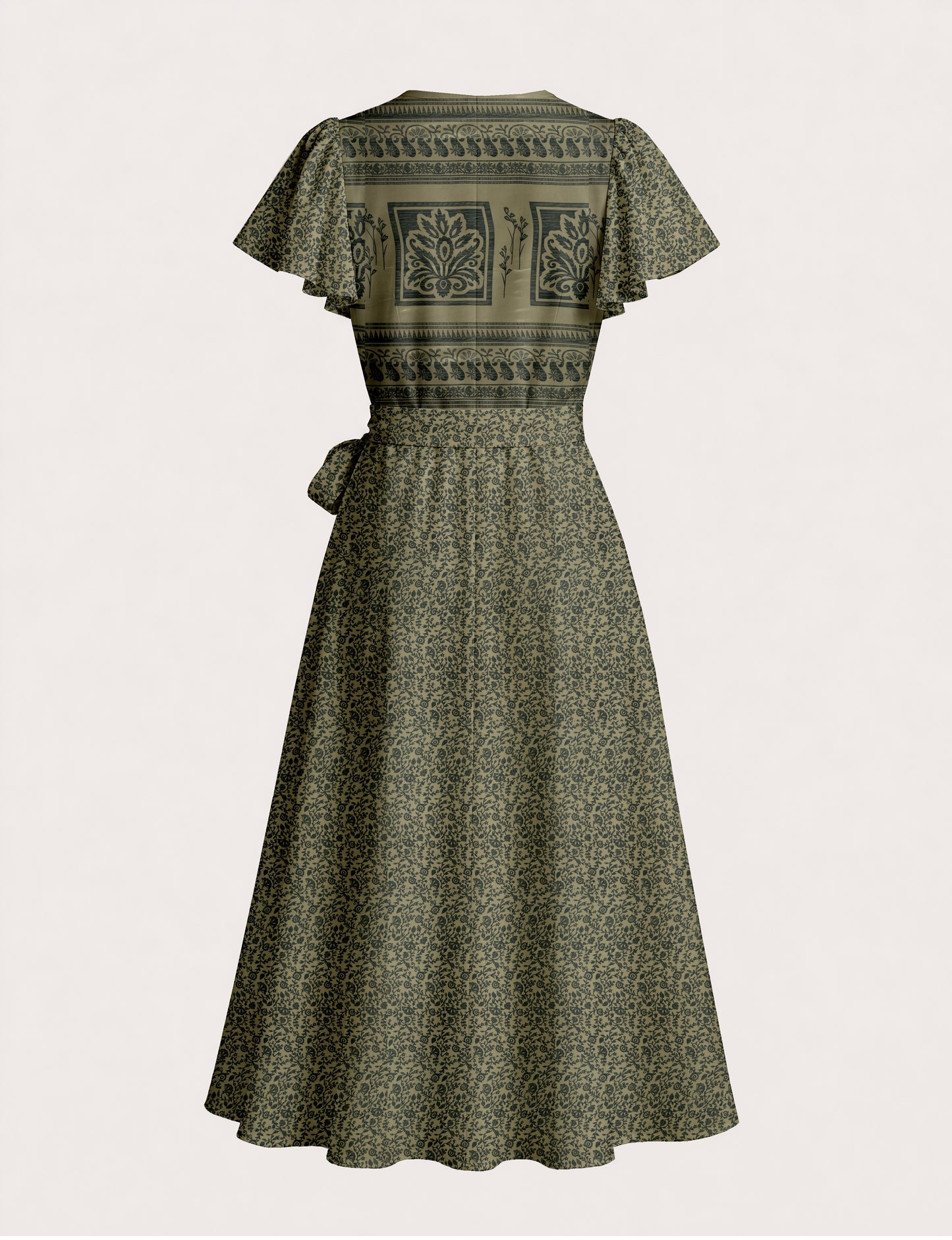 Midi wrap dress with V-neckline, fitted bodice, tie waist, and flared mid-calf skirt