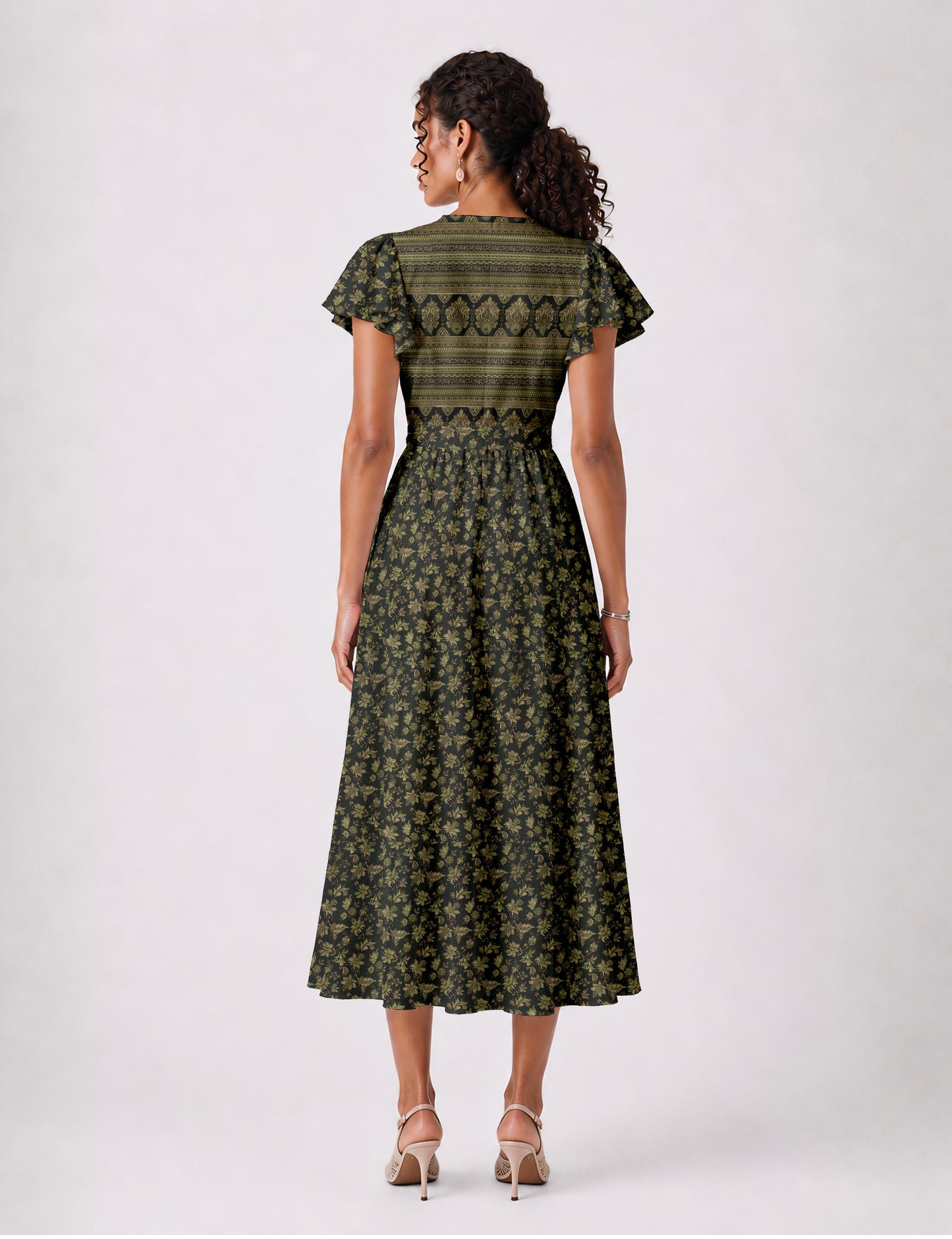 Elegant midi wrap dress with a V-neckline, adjustable waist tie, fitted bodice, and flared skirt for a timeless, flattering silhouette.