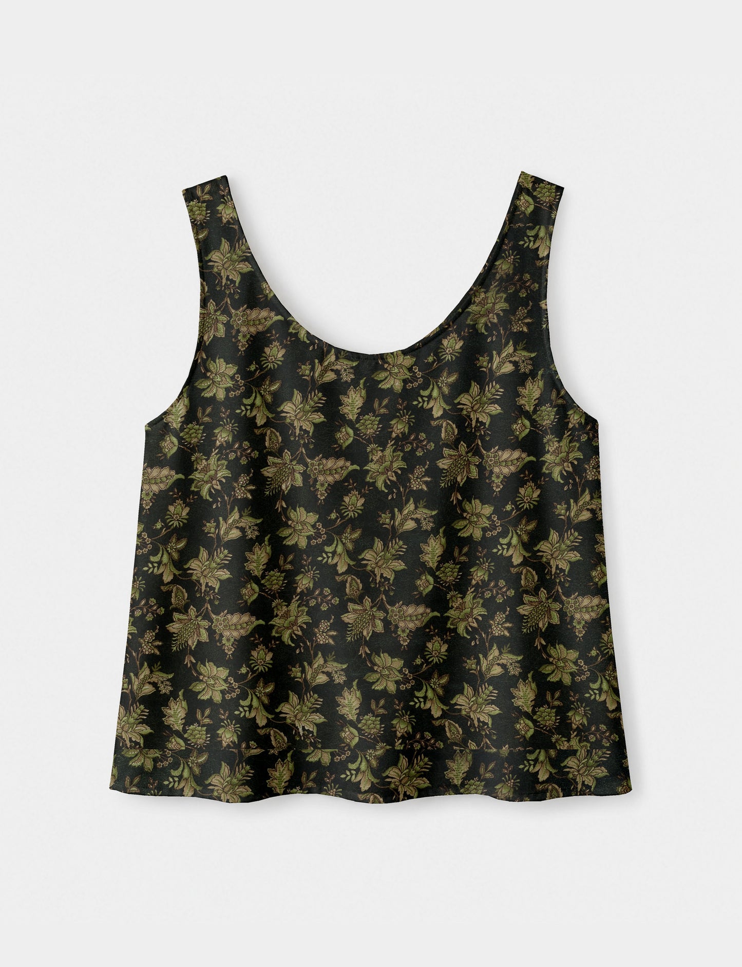 Women's sleeveless blouse with a relaxed straight fit, wide scoop neckline, deep scoop back, and hip-length silhouette.