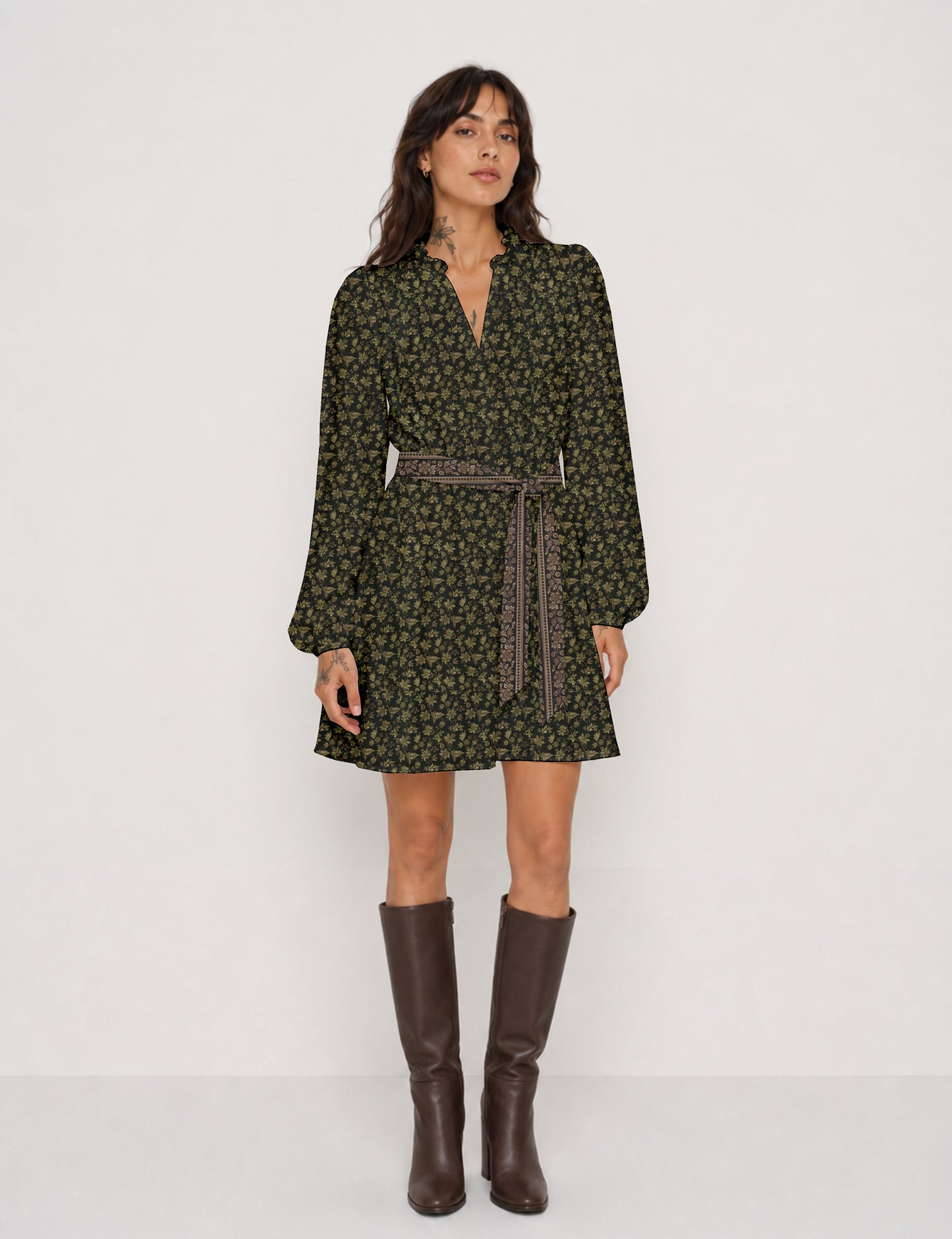 Swing dress with belt - Green Floral