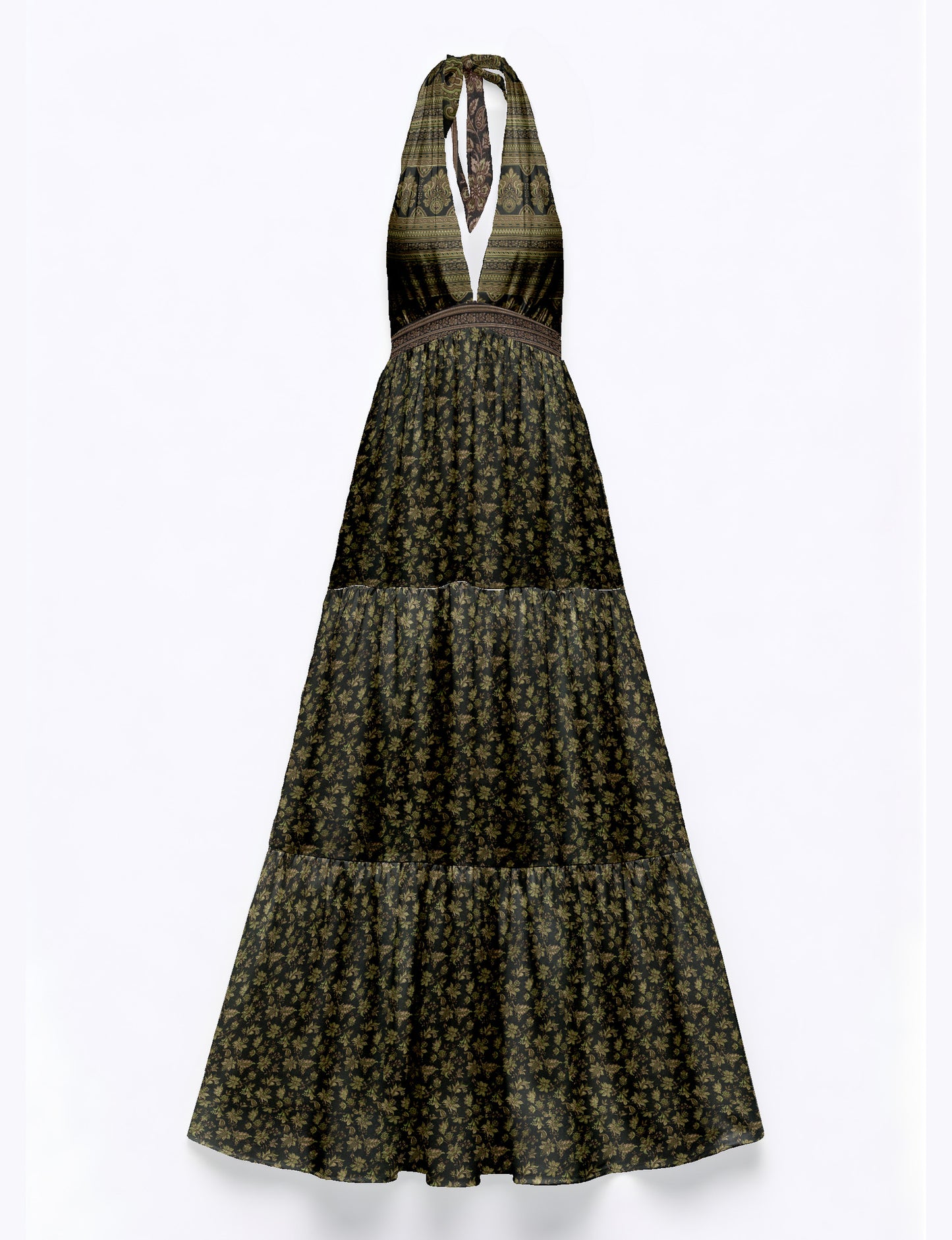 Maxi tiered dress by I was a Sari with halter neckline and flowy silhouette