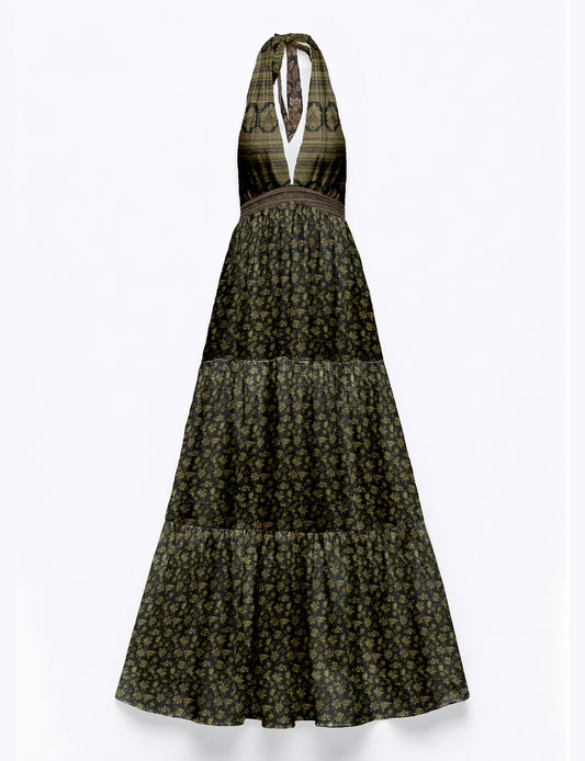 Maxi tiered dress by I was a Sari with halter neckline and flowy silhouette