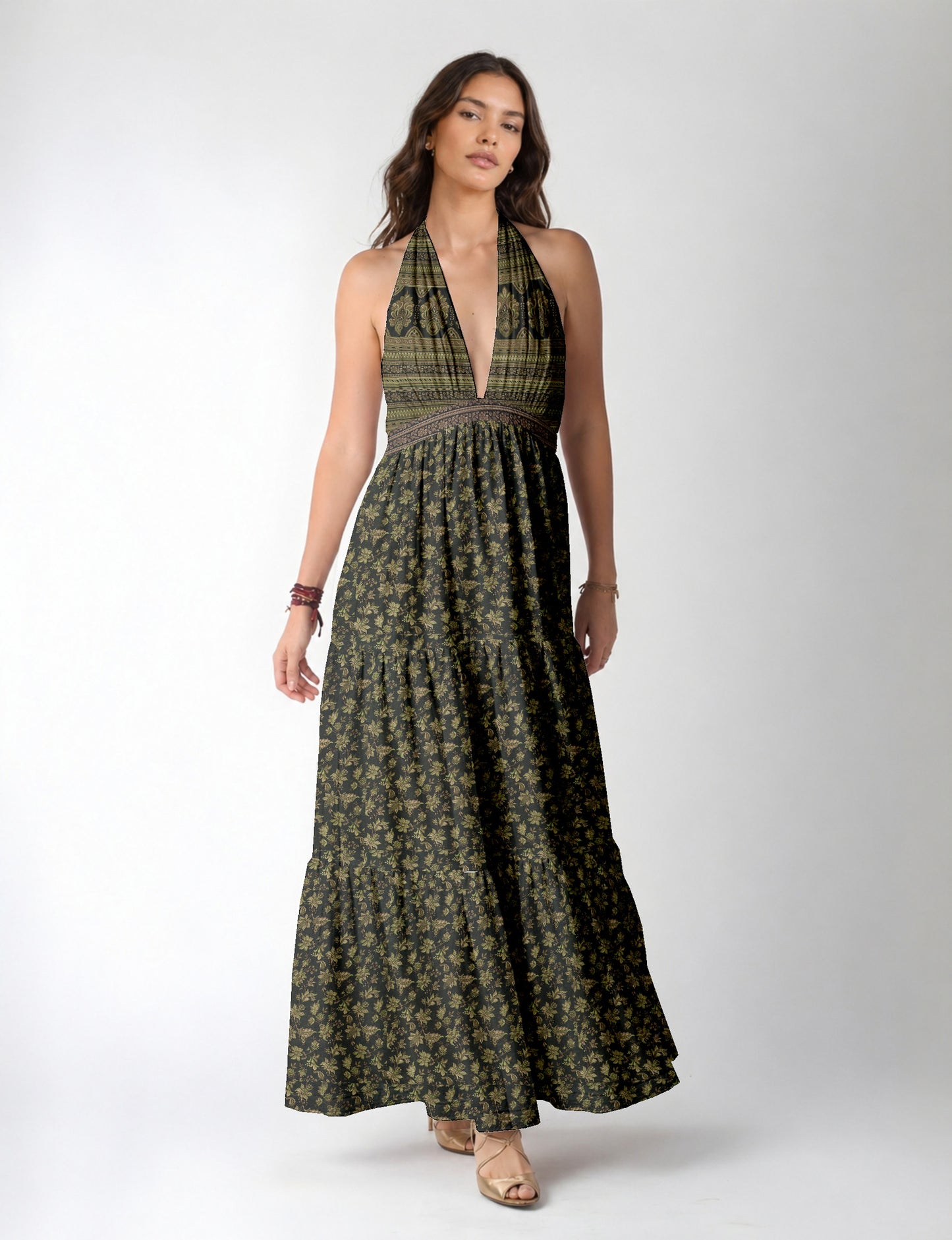 Flowy maxi tiered dress for vacations, brunch, and evening wear