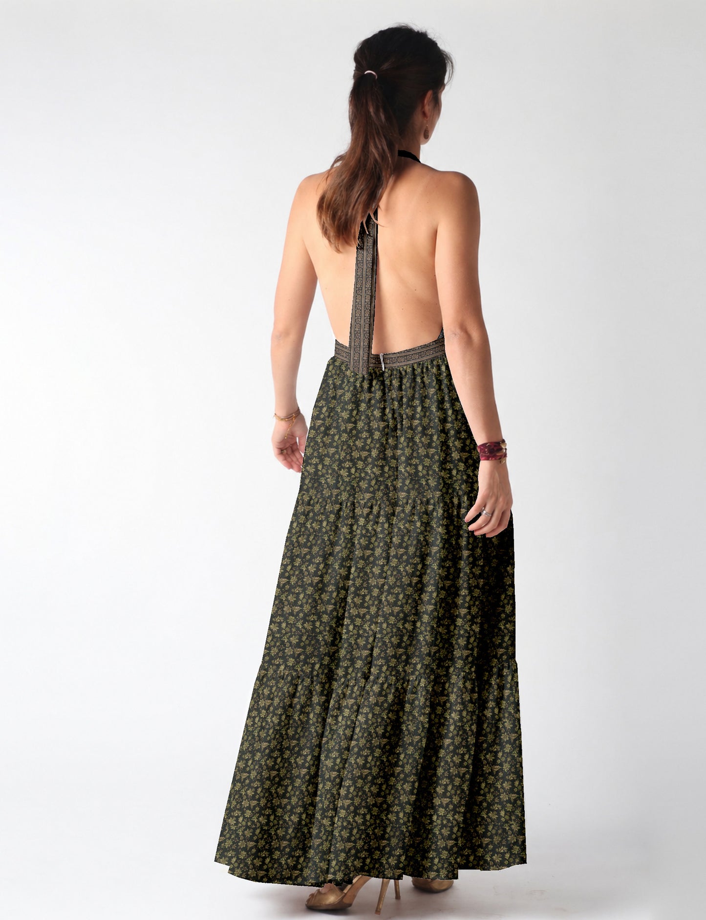 Halter neck maxi dress with tiered layers and elasticated back