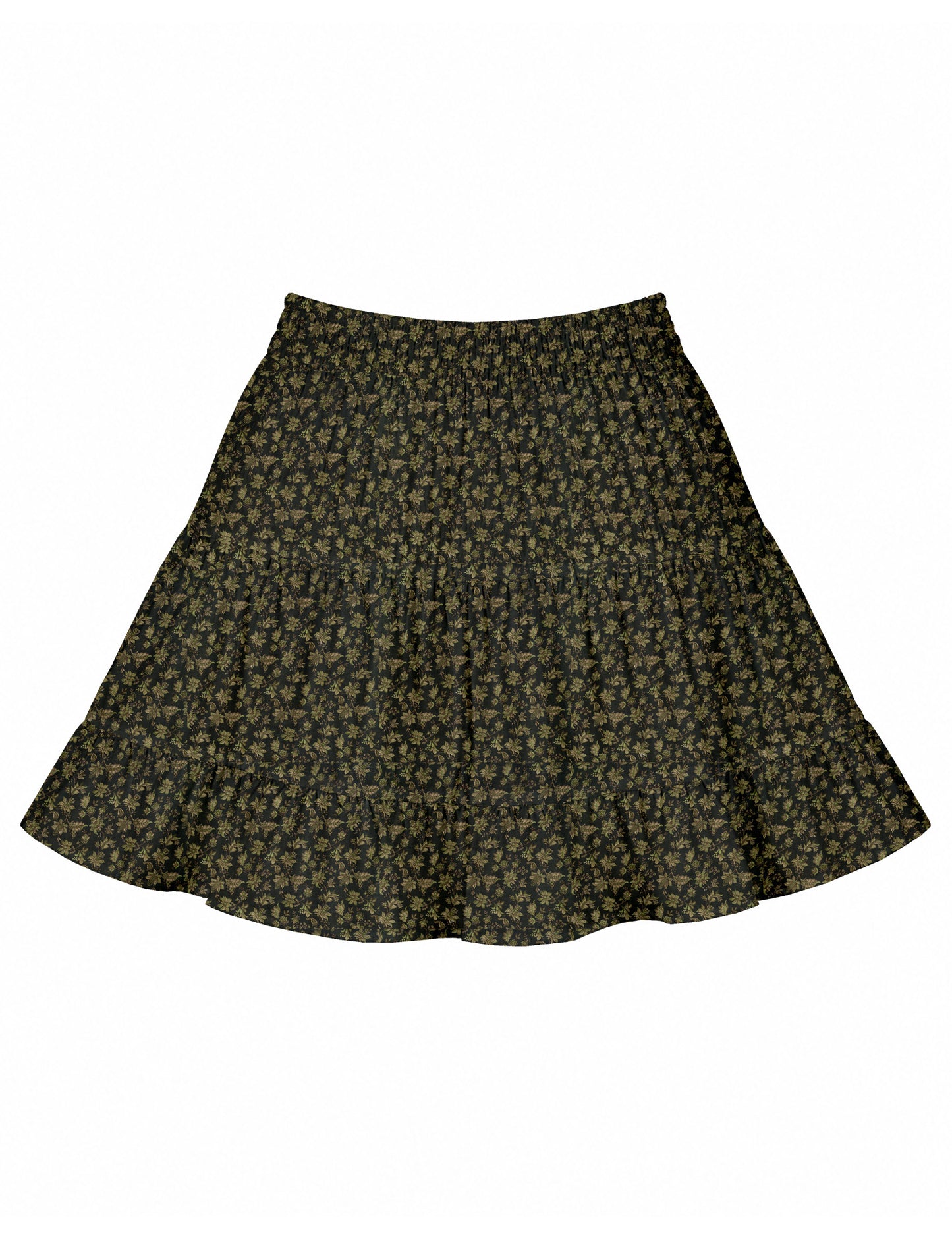 Short tiered skirt with a fitted waistband, knife pleats, softly flared silhouette, side seam pockets, and above-the-knee length.