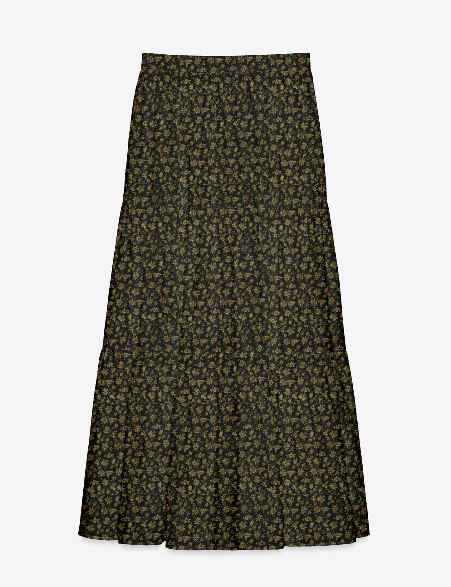 Yellow midi tiered skirt with small dark geometric micro pattern, flat lay front view