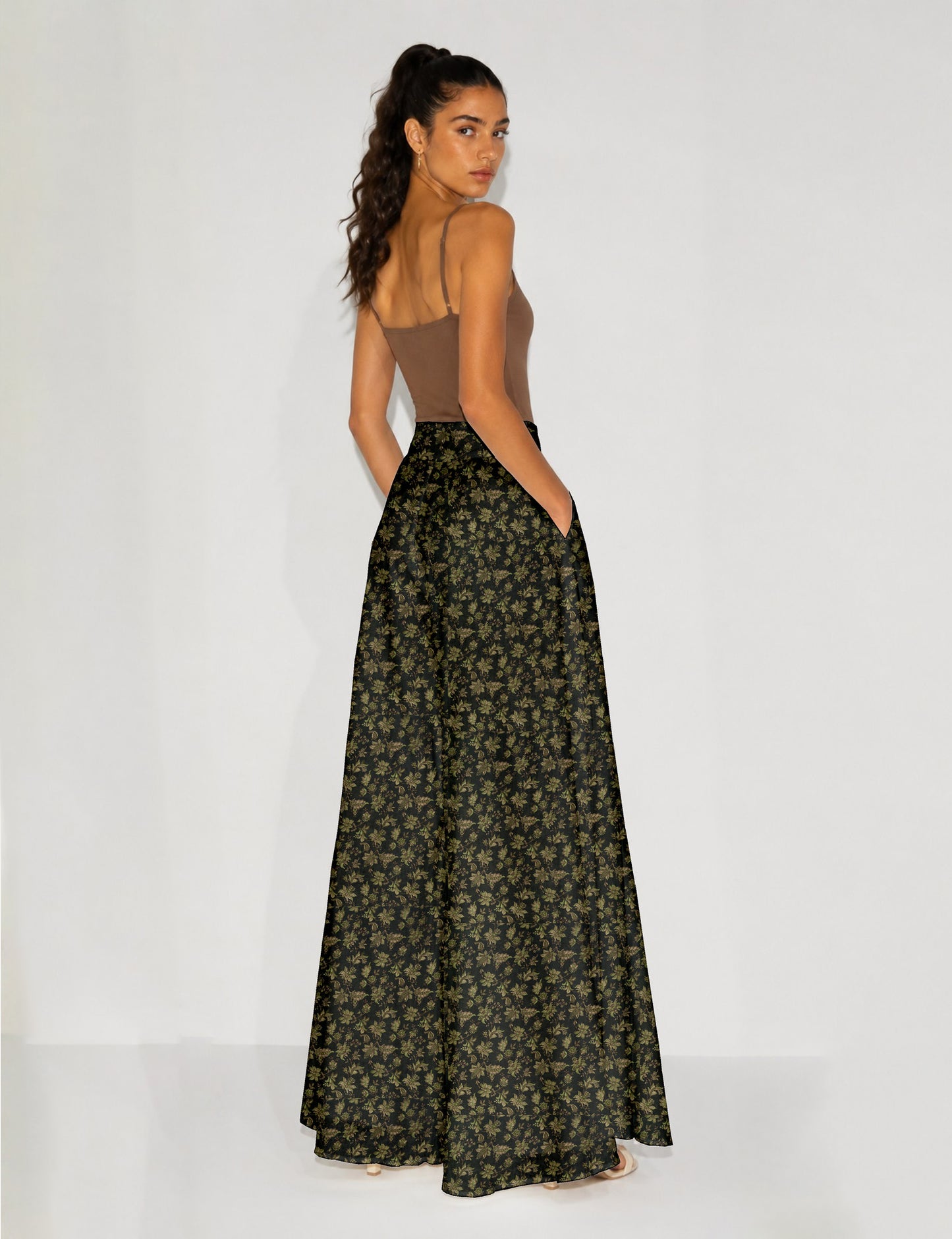 Wide Leg Palazzo Trousers - Green Floral