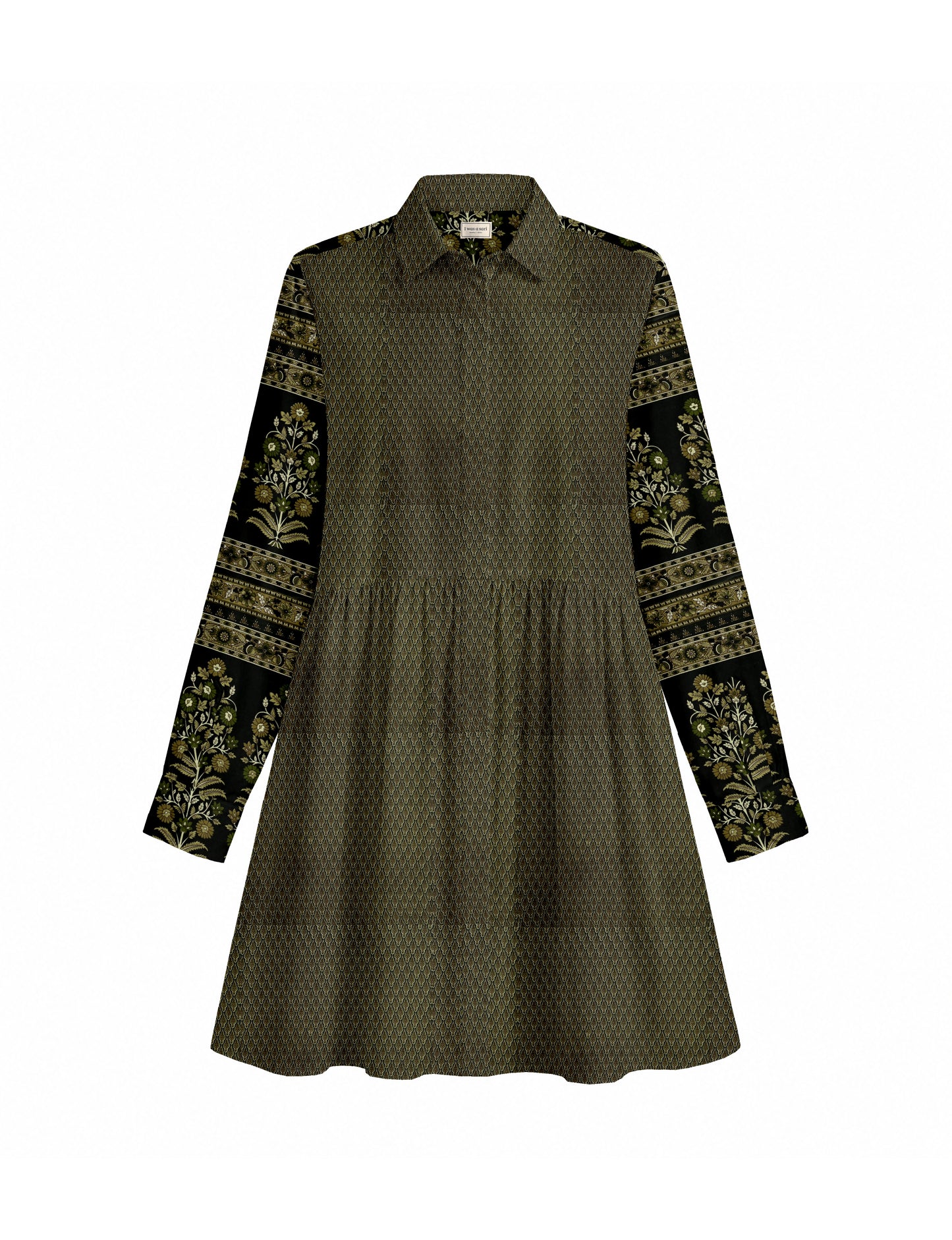 Short shirt dress with a relaxed A-line silhouette, point collar, partial button placket, gathered waist, side pockets, and full-length cuffed sleeves.