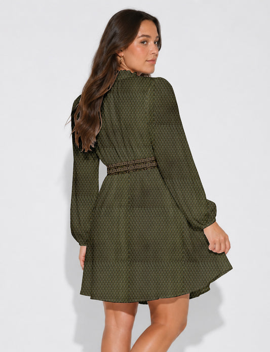 Swing dress with detachable tie belt, gathered ruffle neckline, full-length voluminous sleeves, elastic cuffs, and relaxed A-line silhouette in an above-knee length.