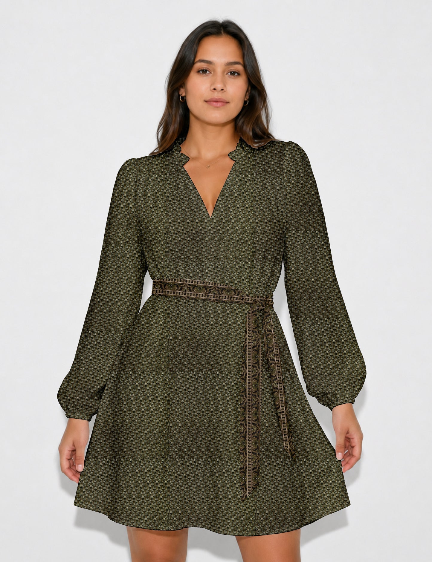 Swing dress with detachable tie belt, gathered ruffle neckline, full-length voluminous sleeves, elastic cuffs, and relaxed A-line silhouette in an above-knee length.