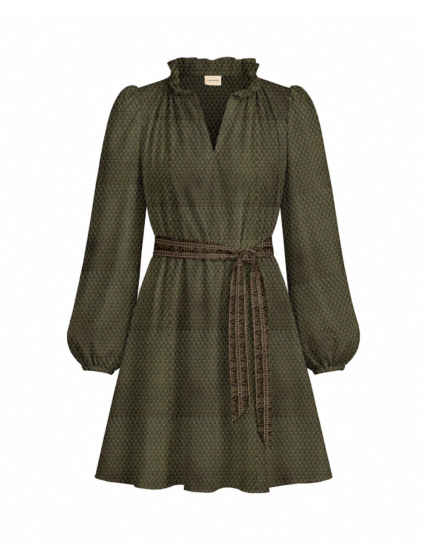 Swing dress with detachable tie belt, gathered ruffle neckline, full-length voluminous sleeves, elastic cuffs, and relaxed A-line silhouette in an above-knee length.