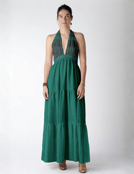 Maxi tiered dress by I was a Sari with halter neckline and flowy silhouette