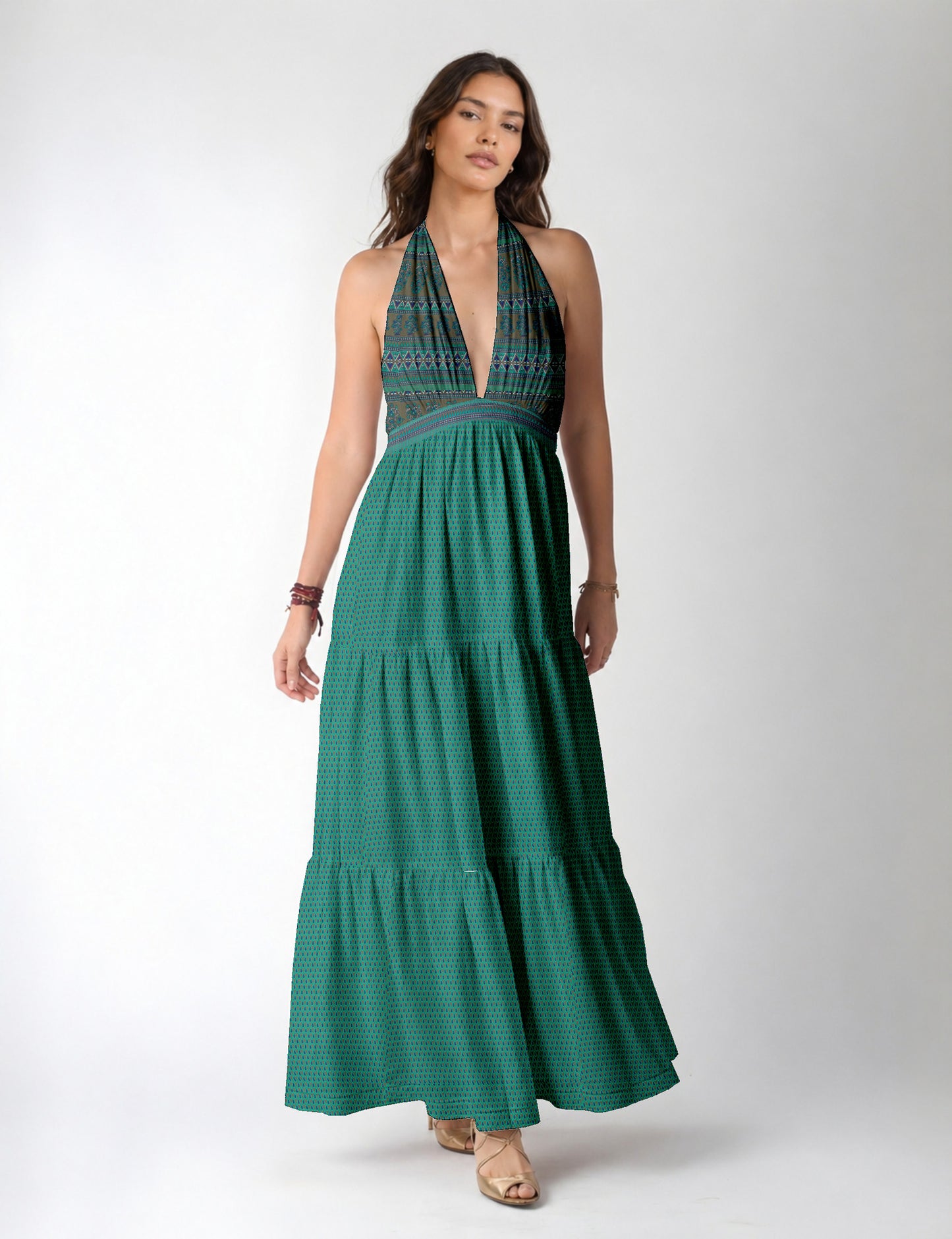 Halter neck maxi dress with tiered layers and elasticated back