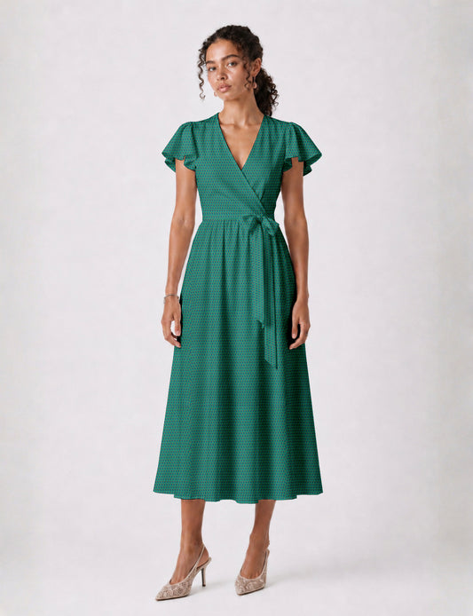 Elegant midi wrap dress with a V-neckline, adjustable waist tie, fitted bodice, and flared skirt for a timeless, flattering silhouette.
