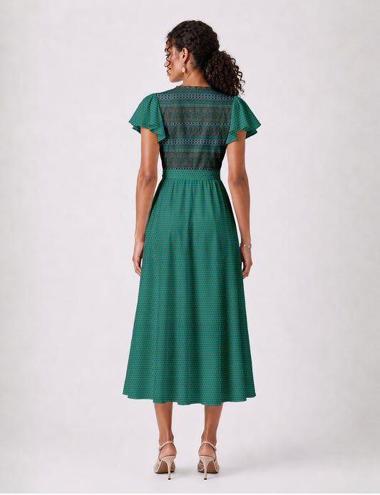 Elegant midi wrap dress with a V-neckline, adjustable waist tie, fitted bodice, and flared skirt for a timeless, flattering silhouette.