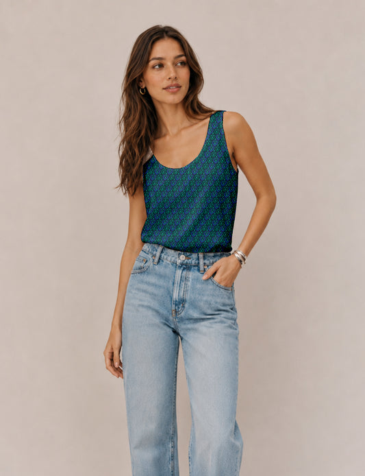 Women's sleeveless blouse with a relaxed straight fit, wide scoop neckline, deep scoop back, and hip-length silhouette.