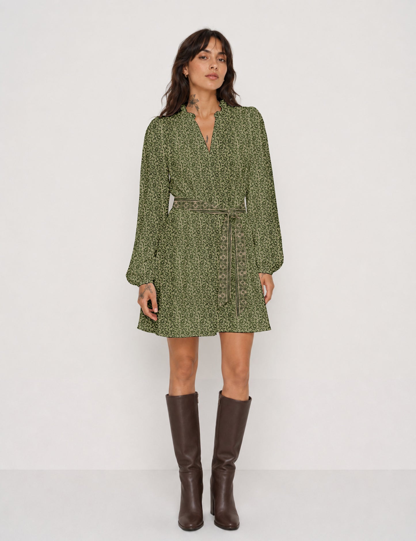 Swing dress with belt - Green Paisley