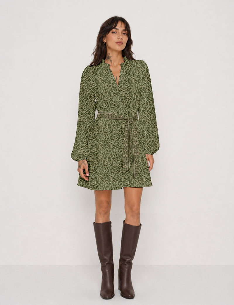 Swing dress with belt - Green Paisley