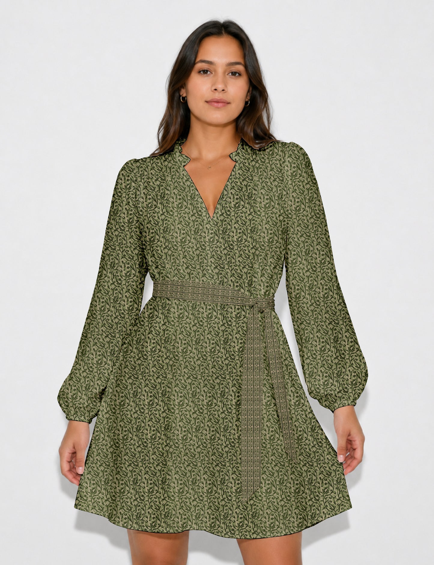 Swing dress with belt - Green Paisley