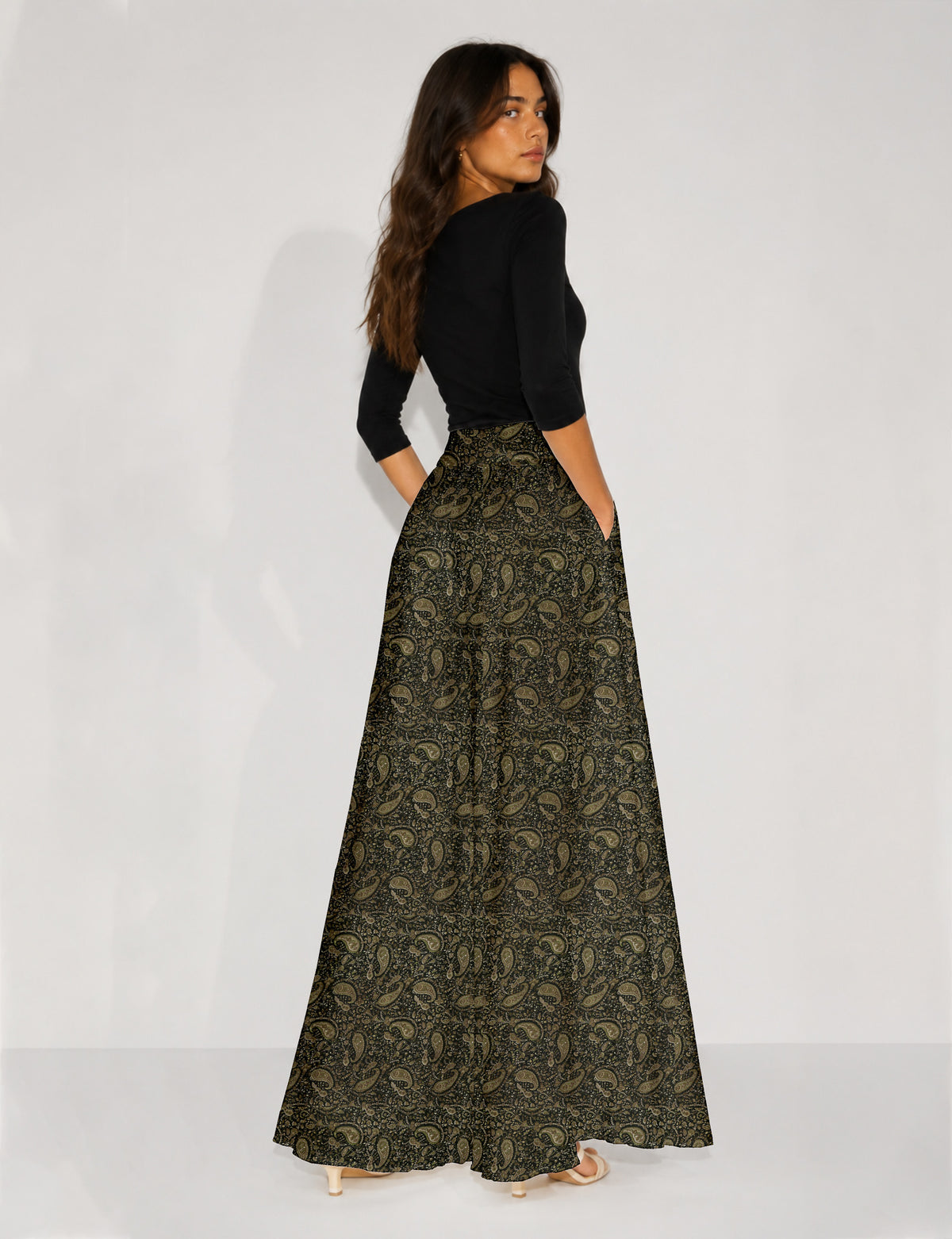 Wide Leg Palazzo Trousers - Green Paisley